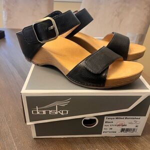 Dansko Black Leather Wedge Sandals with Buckle!